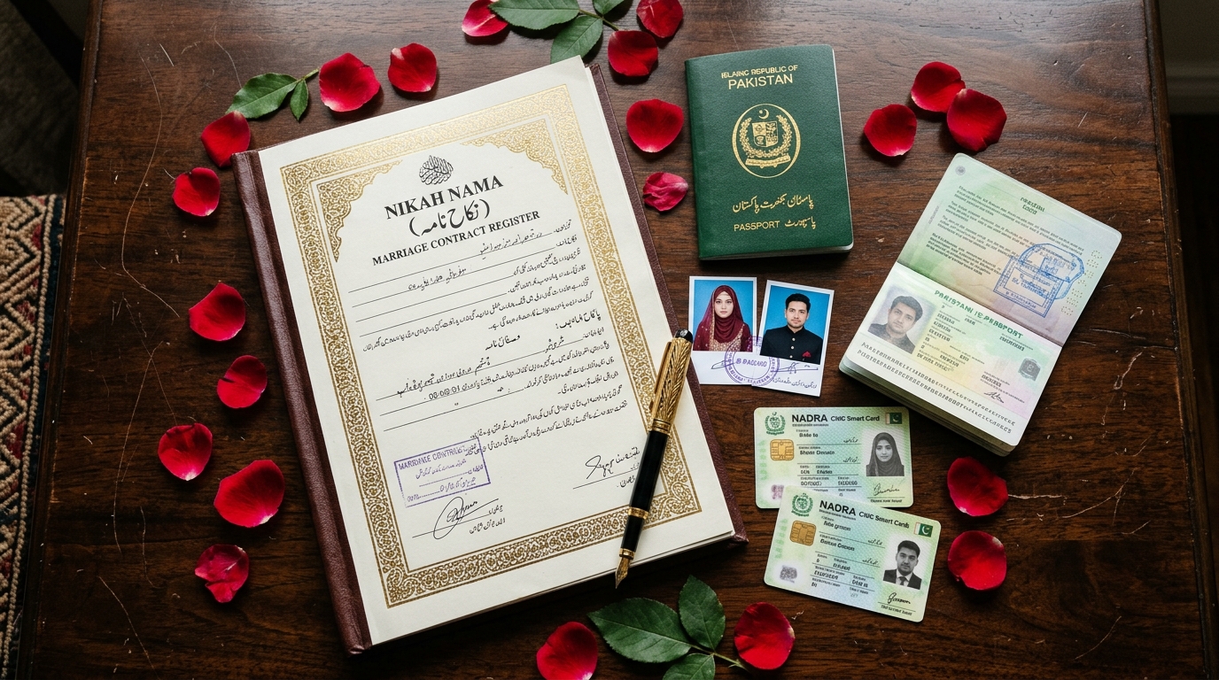 Official Pakistani Nikahnama register and CNIC documentation checklist on wedding table