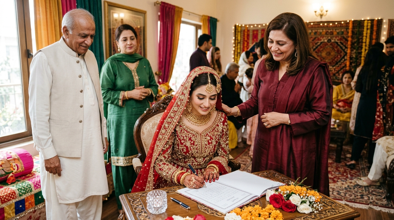 Pakistani Bride Signing Nikahnama at Home